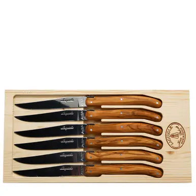 6 Steak Knives Olive Wood Handles in A Box